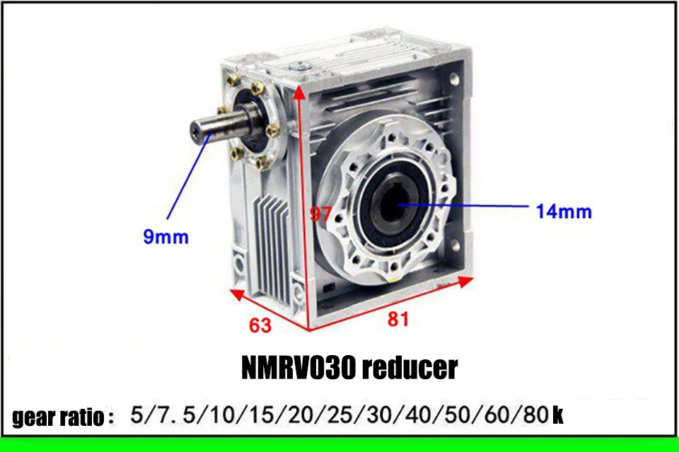 5:1-80:1 NRV30 Shaft Input Worm Gear Reducer, Input Shaft 9mm Output Hole 14mm, Hand Crank Turbine Reducer