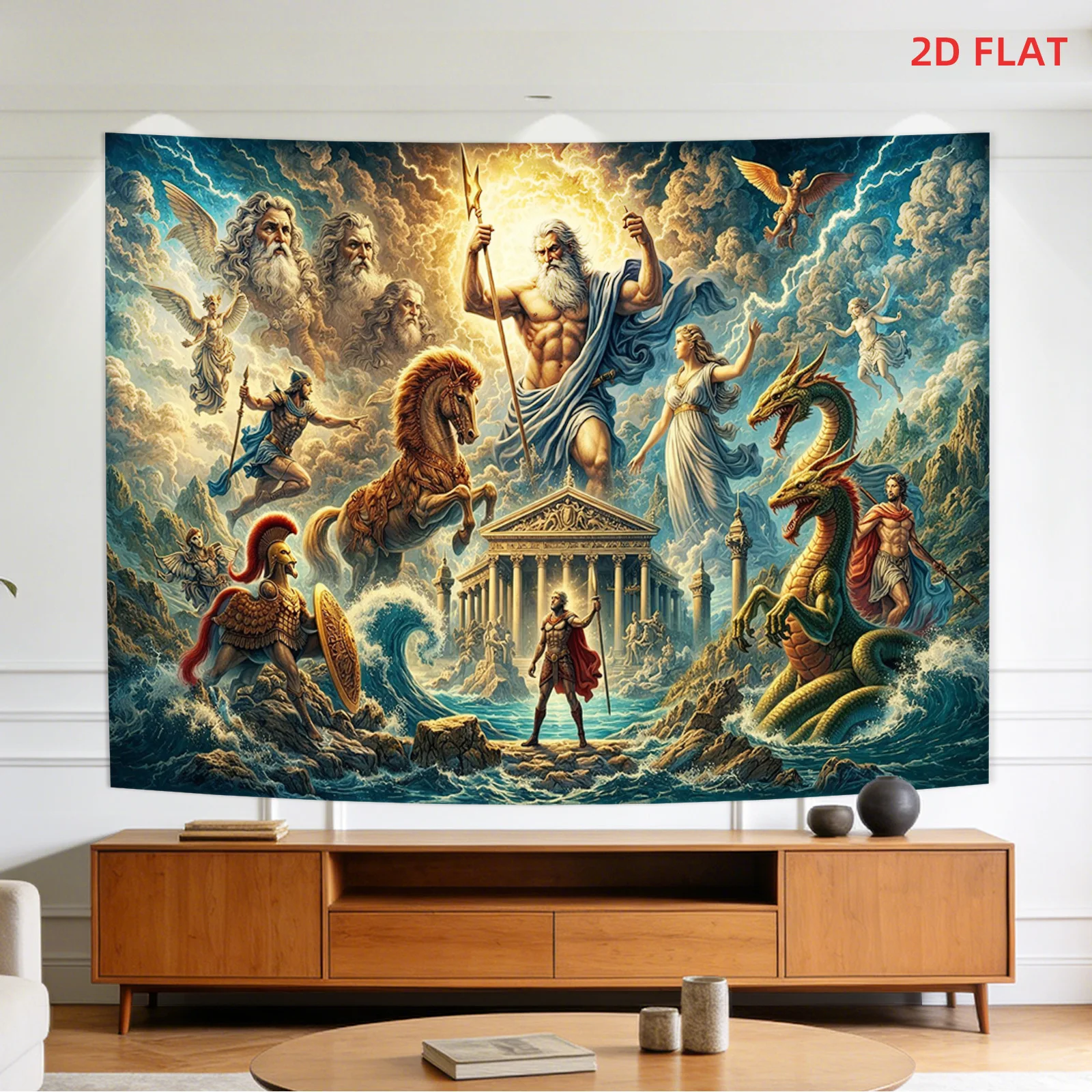 Greek Mythology Tapestry, Zeus & Gods of Olympus, Ancient Temple Wall Hanging, Fantasy Sea Monster Decor, Epic Legend Art
