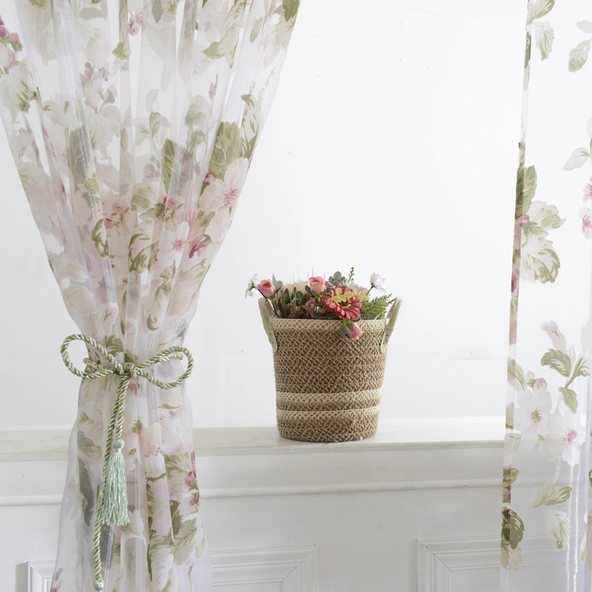 

Sheer Window Curtain with Floral Print in Pink Decorative Gauze Drapes for Living Room Bedroom Window Screen Valance
