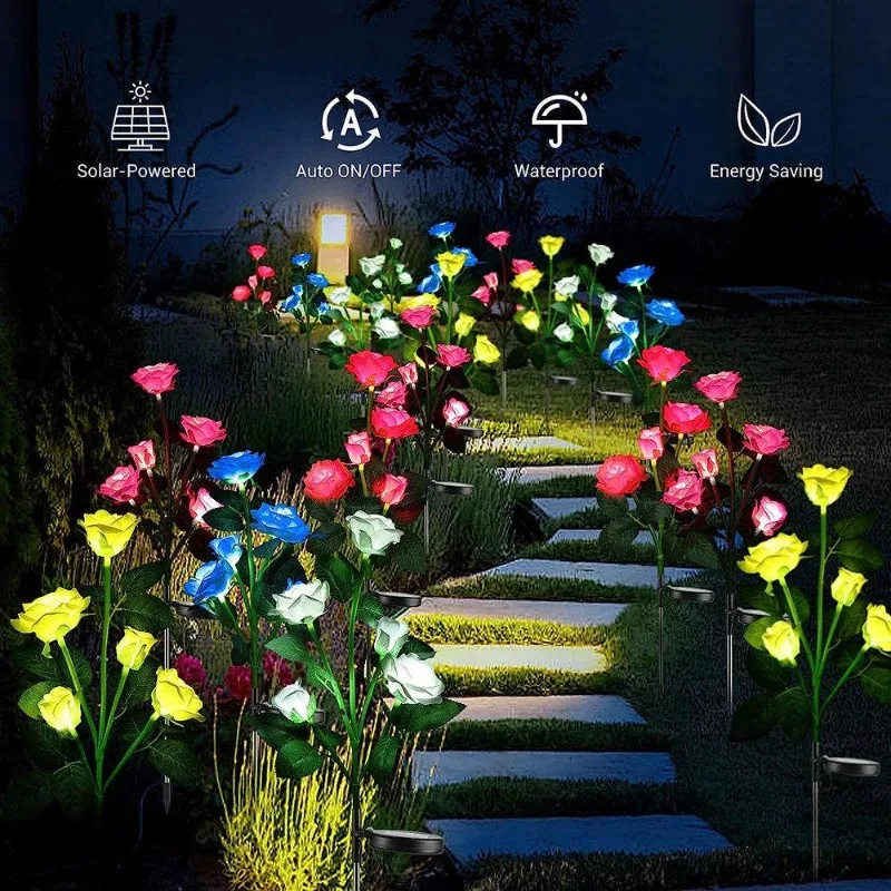 High quality solar 5-head rose lamp for outdoor garden, courtyard, lawn floor decoration, waterproof landscape light