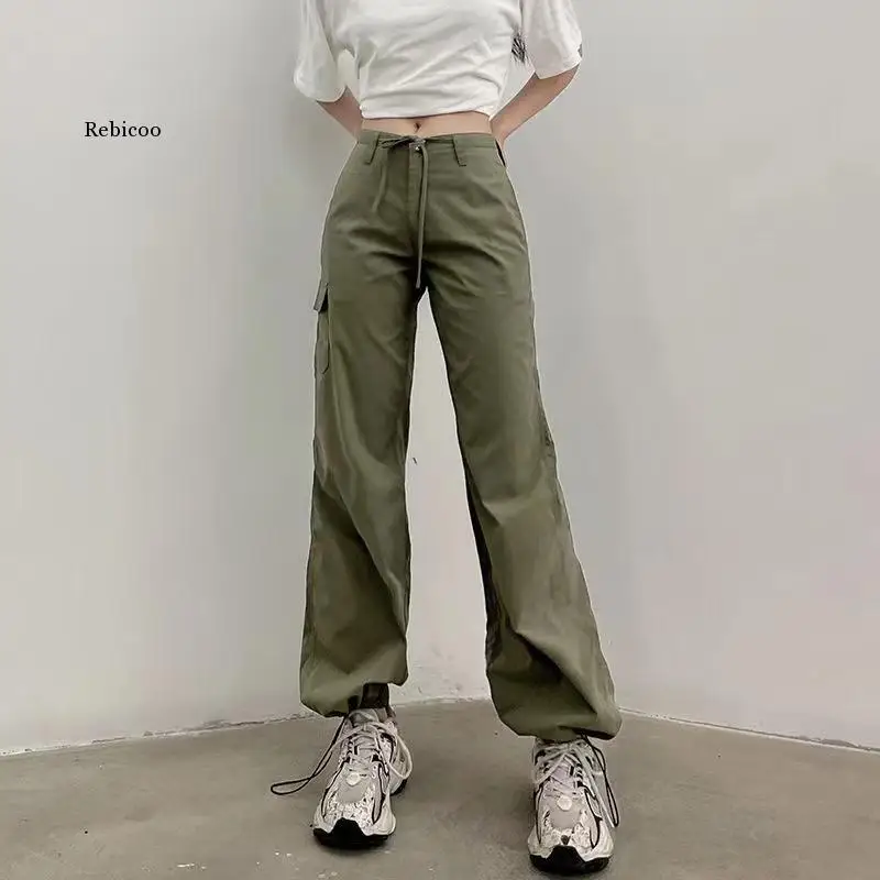 New Green Cargo Pants women 2022 Tie Up Ruched Trousers Women Retro Baggy Low Waisted Sweatpants Pockets Harajuku Joggers