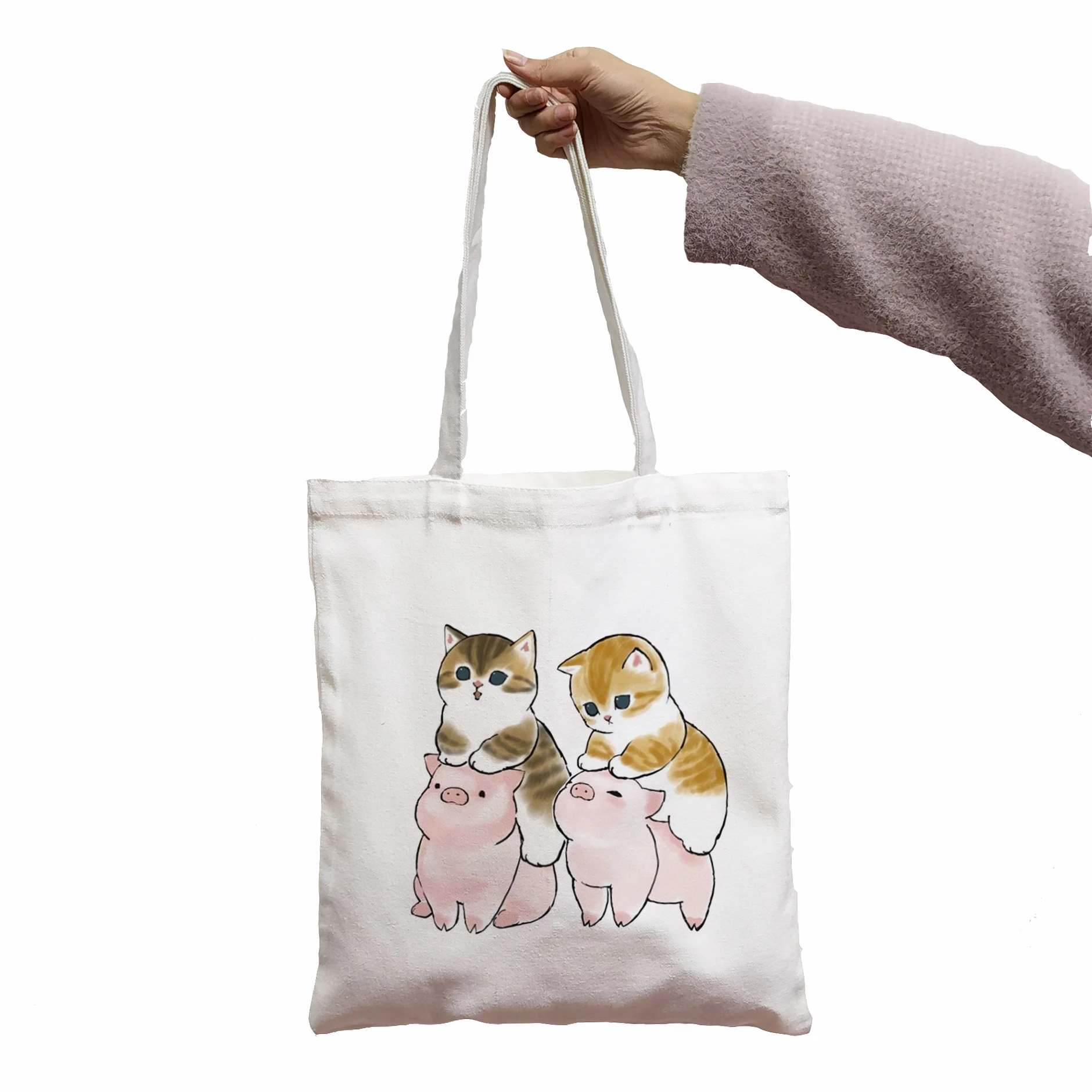 Women Shoulder Canvas Bag Cute Cat Print Female  Reuseable Shopping Totebags Student School Bookbags