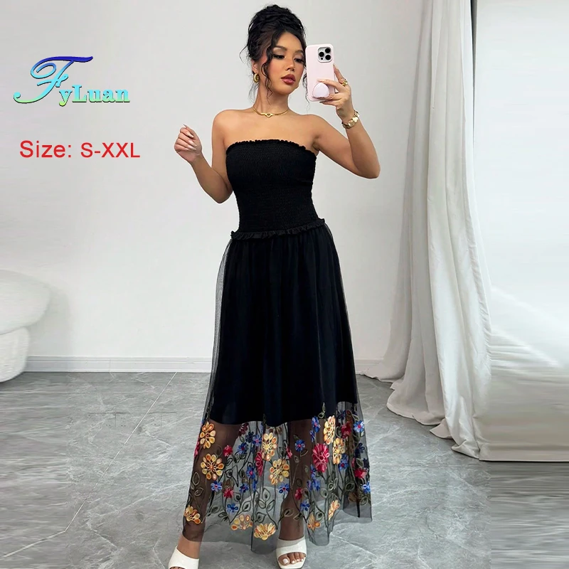 2025 แฟชั่นผู้หญิงสีดําชุดราตรียาวเอวสูงปักตาข่าย Big Swing กระโปรงฤดูร้อนค็อกเทลชุดราตรี