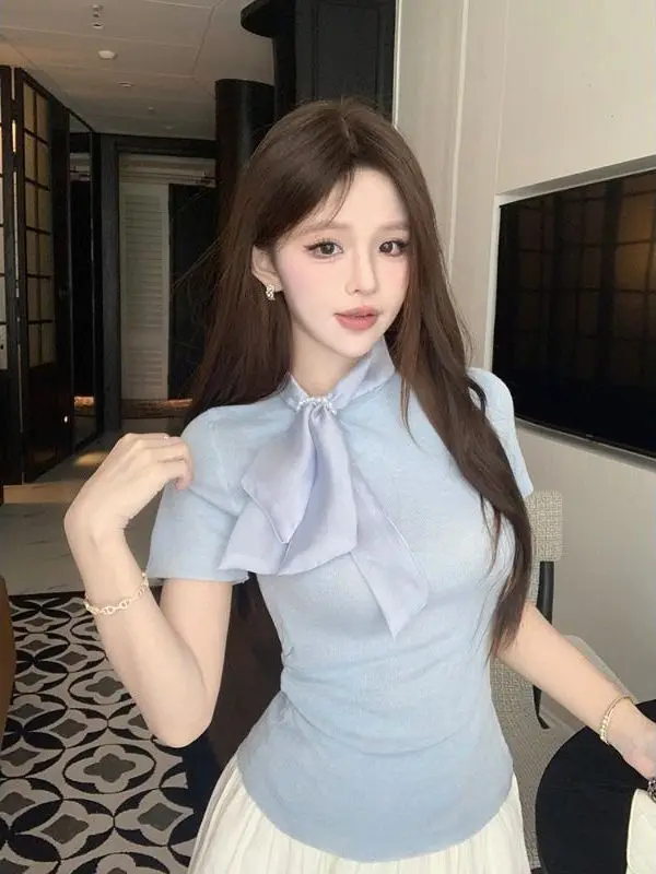 

Летний трикотаж Ele, облегающий крой с бантом, многослойный красивый корейский женский трикотаж, нежный и мягкий, чистый цвет