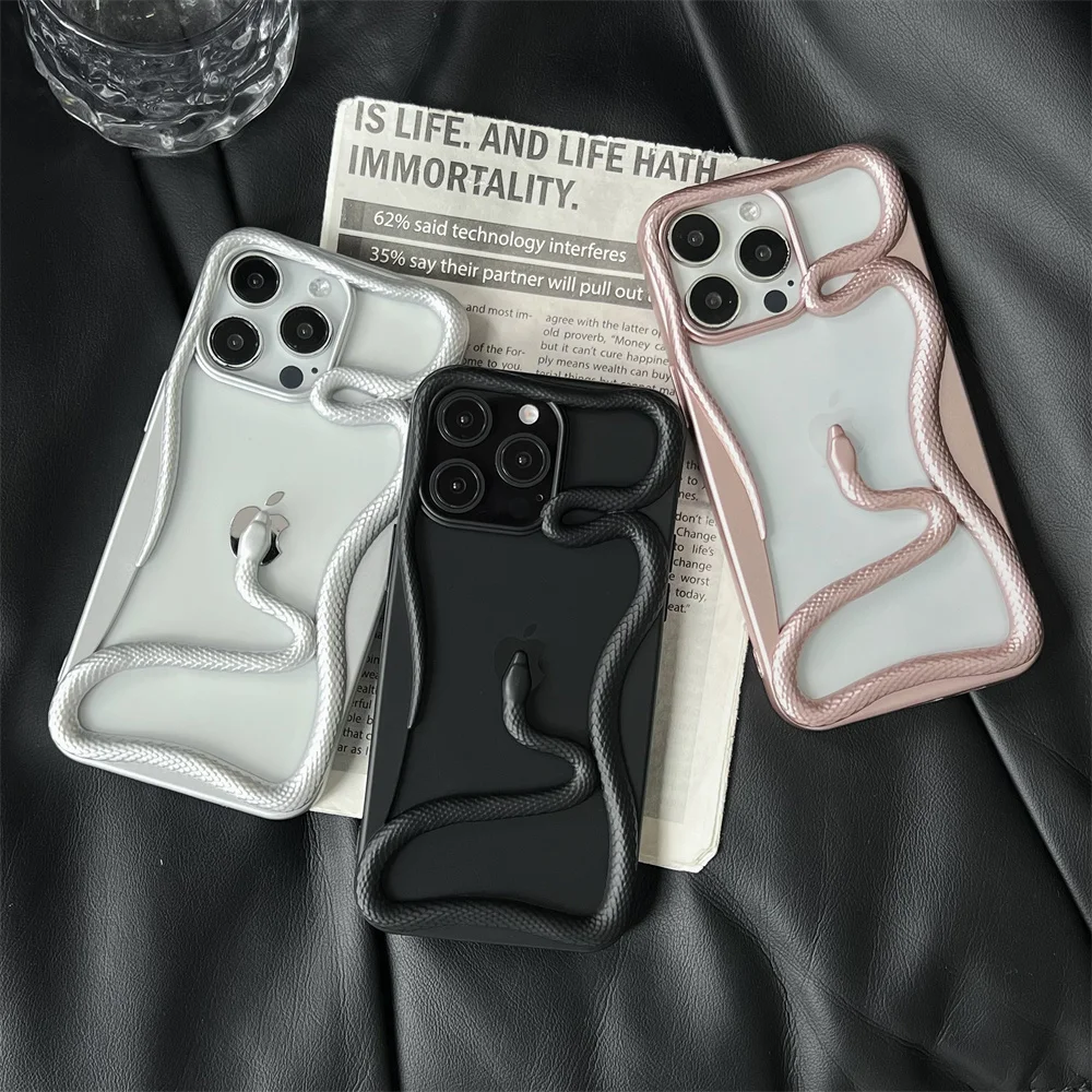 New 3D snake pattern Phone Case for iPhone 16 15 13 12 11 14 Pro Max 15 Plus Fashion Hollow Shockproof Protective soft Cover