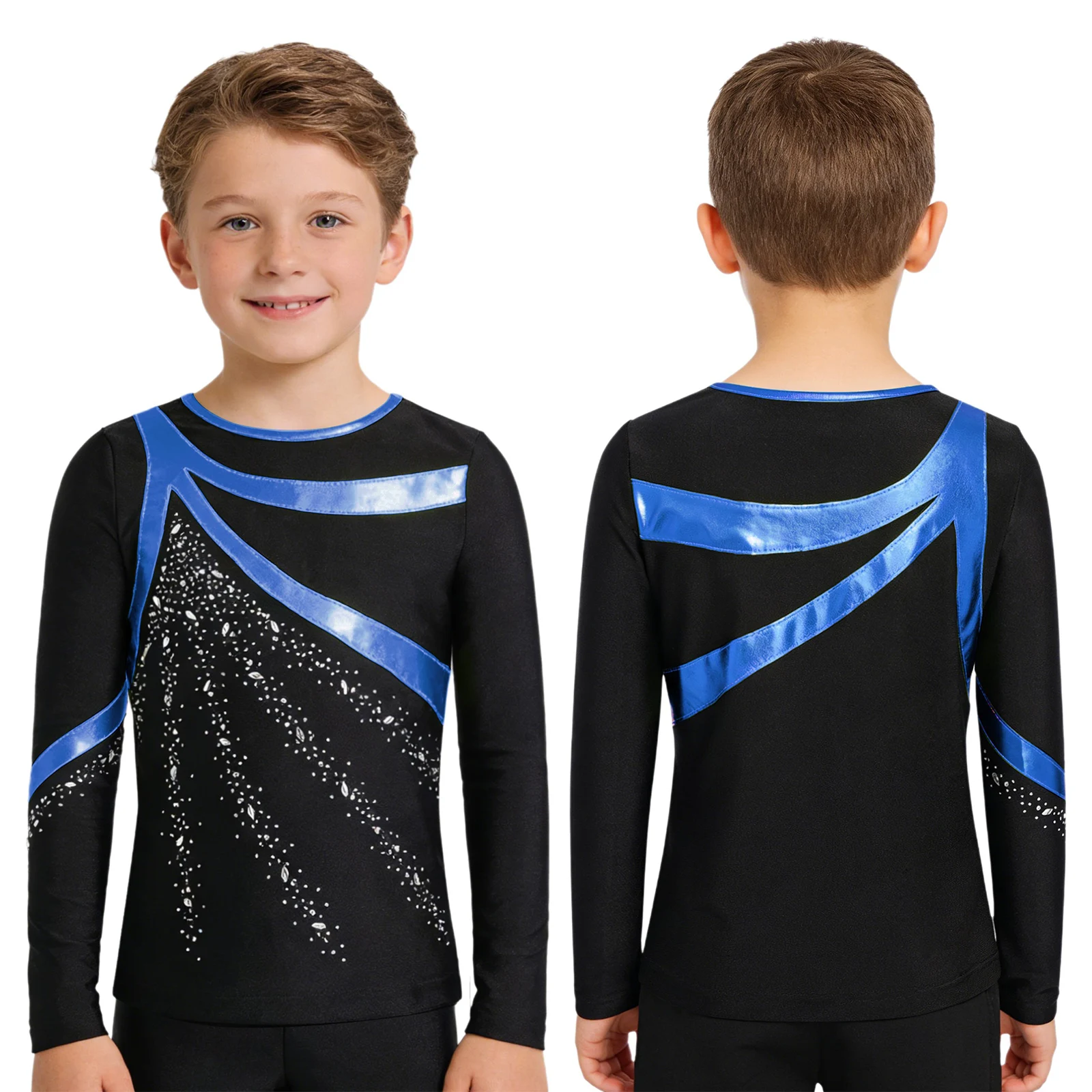Kids Boys Shiny Rhinestones Tops Figure Ice Skating Tops Long Sleeve Ballet Dance T-Shirts for Gymnastics Competitions Costume