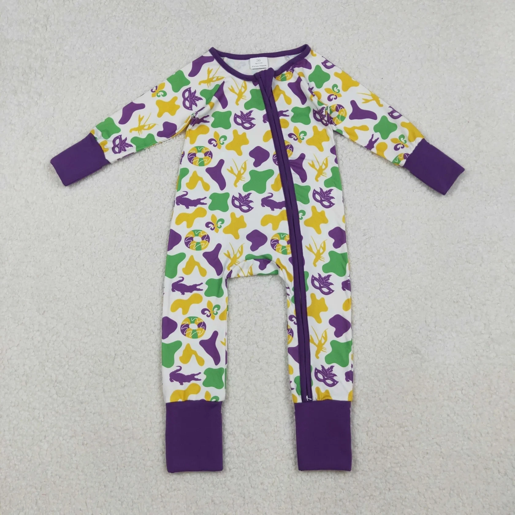 

Wholesale Toddler Newborn Mardi Gras Clothes Infant Kids Boys Girls Coverall Bodysuit Baby Girl Children Purple Zipper Romper