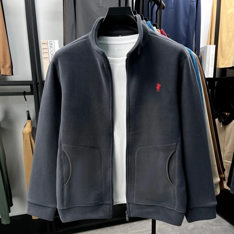 

Luxury fashion brand men's new coat high-end pony embroidery comfort plush autumn winter casual Paul zipper stand collar jacket