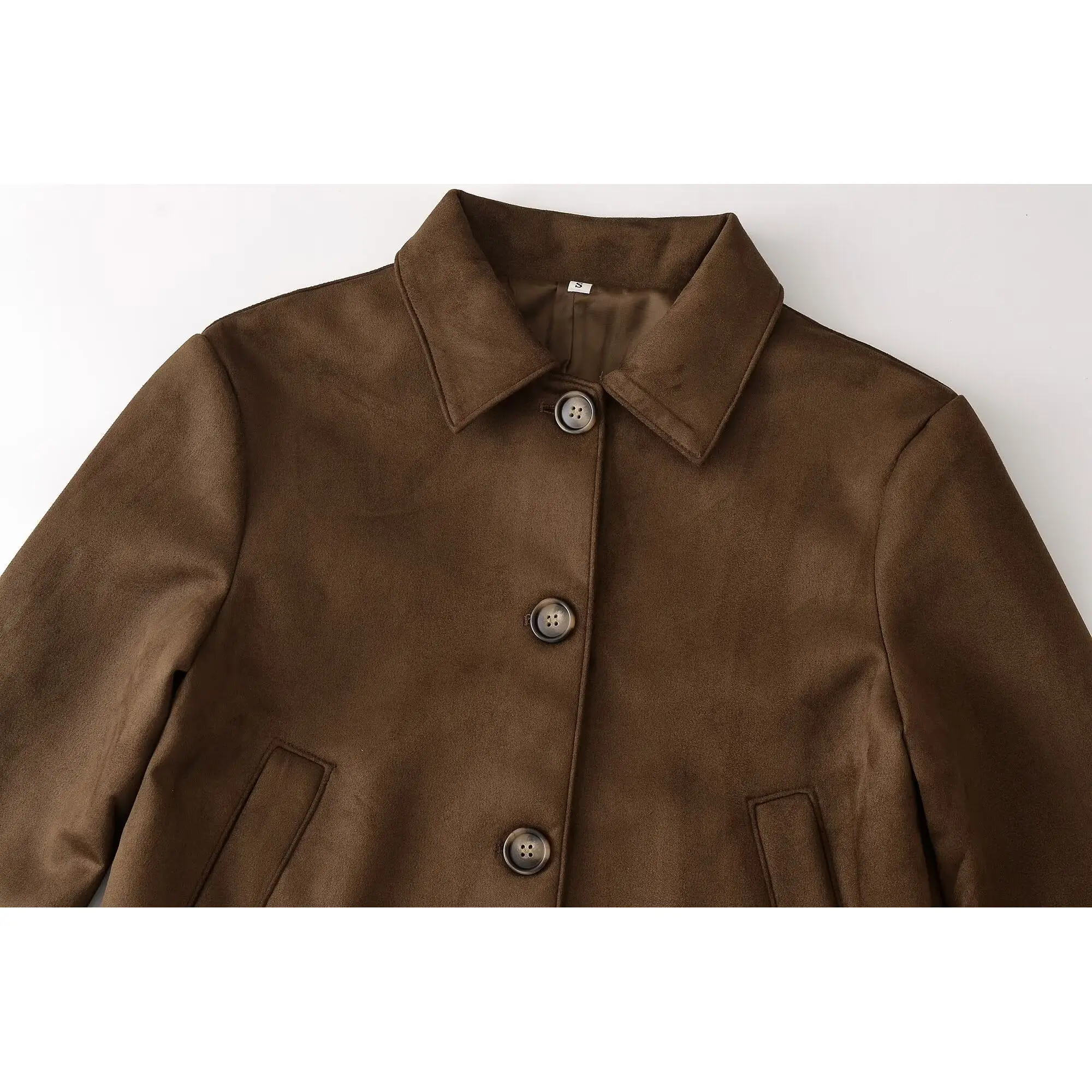 KASLEAD New Women's Fashionable Suede Flight Jacket Single Button Short Outerwear Windproof Long Sleeve Polyester Fiber