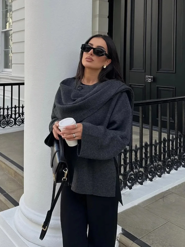 

Original Asymmetric Scarf Neck Knitted Jacket Autumn and Winter Women Fashion Street Loose Versatile Warm Vacation Casual Jacket