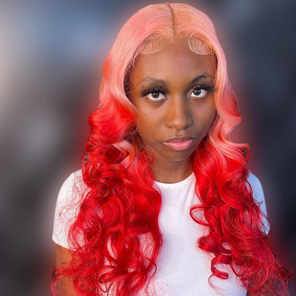 Peruki z ludzkich włosów w kolorze różowego blondu, ombre, peruki typu lace front 13x4 z transparentną koronką, wstępnie wyregulowane, 100% ludzkie włosy, peruka body wave z pasemkami.