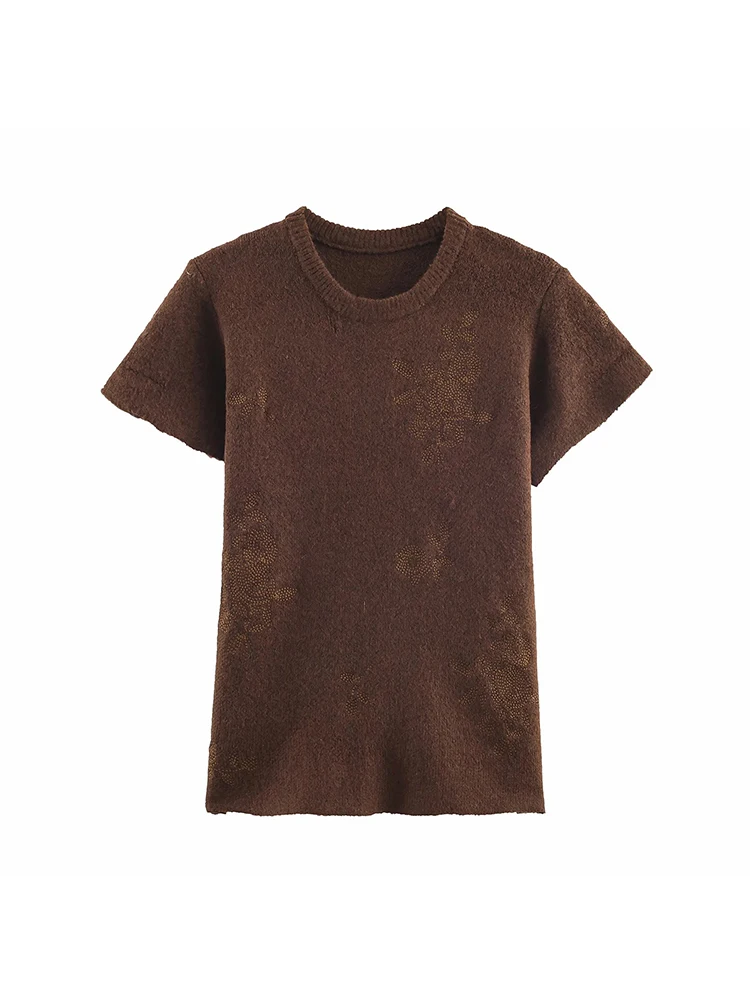 

Новый женский свитер с короткими рукавами и круглым вырезом в стиле ретро, женский повседневный свободный вязаный пуловер, свитера