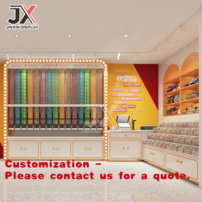 custom.Store Counter Design Customizable LED Rectangular Retail Display Cabinet Candy Dried Fruit Chocolate Snacks