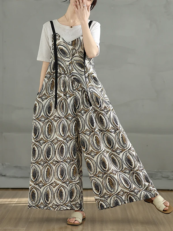Summer 2025 New Vintage Printed Loose Slimming Strap Onesie Women's plus Size Clothing Long Pants Low Waist Cotton Fabric
