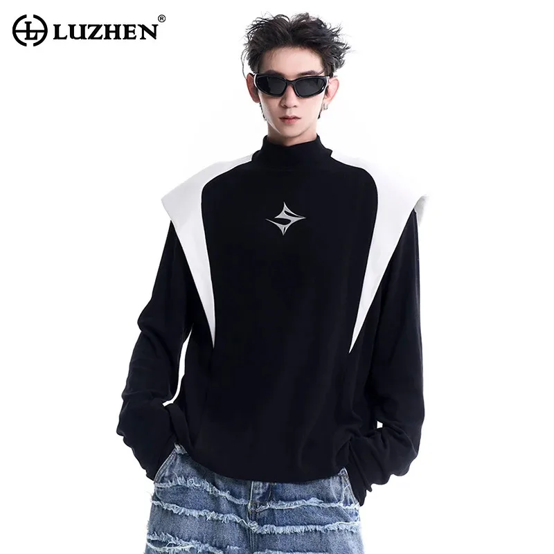 

LUZHEN Design Patchwork Half High Neck T-shirt Long Sleeve Color Contrast Fashion Streetwear Cotton Sport Casual Men Tops LZ5136