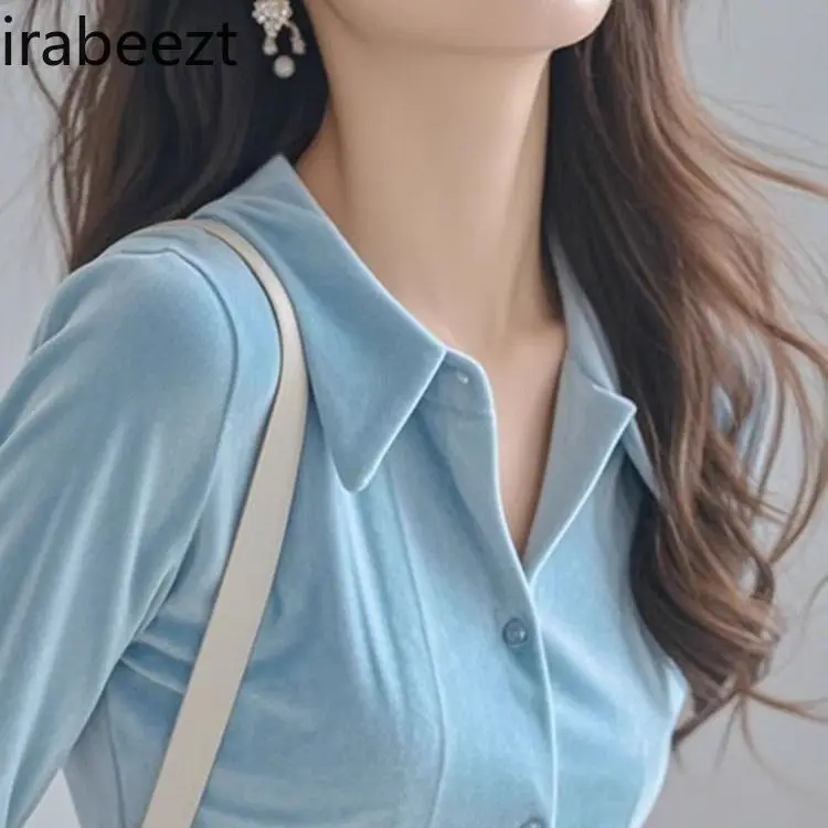 

French Luxury Polo Collar Blue Velvet Blouse Women's Elegant Long Sleeve Shirt Chic Autumn Winter Fashion Slim Fit Unique Design