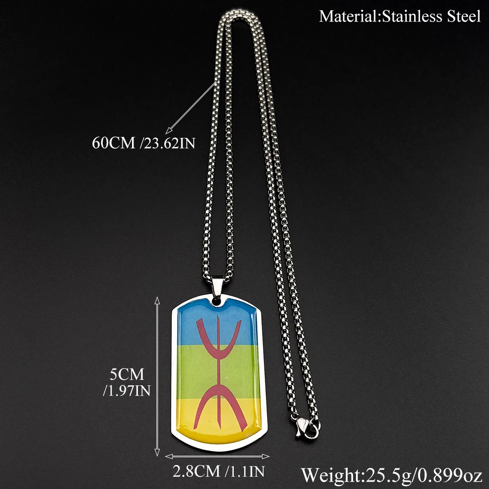African Berbers Flag Symbol Glass Pendant Necklace Stainless Steel Silver Color Amazigh ⵣ Letter Ethnic Amulet Chain Jewelry