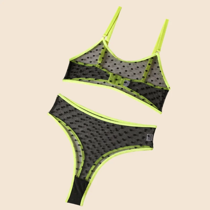 2026 Lingerie Set Polka Dot Sexy Women Underwear See Through Bra and Panty Set Intimate fluorescent Green 2 Piece Sexy Outfits