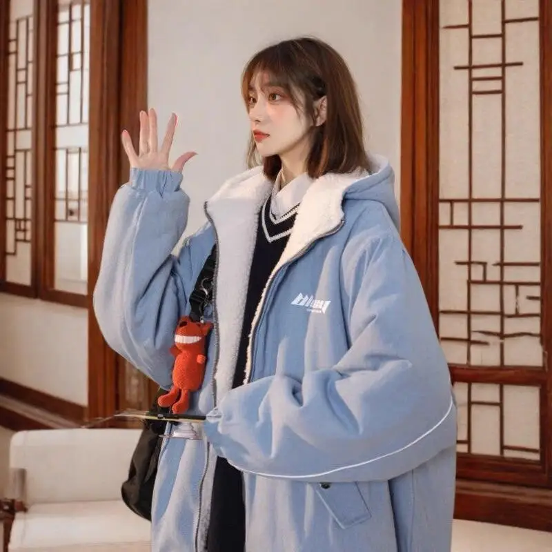 

2025Women Autumn Winter New Fashion Casual Loose 300Jin Large Size Blue with Velvet Thickened Twosided Wearing Jacket Designcoat