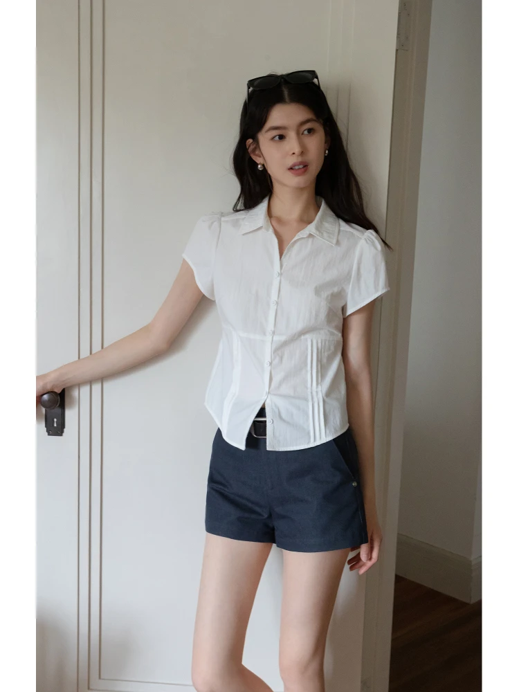 흰색 반소매 셔츠 EGGKA 여름 통근 캐주얼 탑 여성 레귤러 핏 코튼 Lenzing Lyocell 나일론 벨트 프론트 칼라