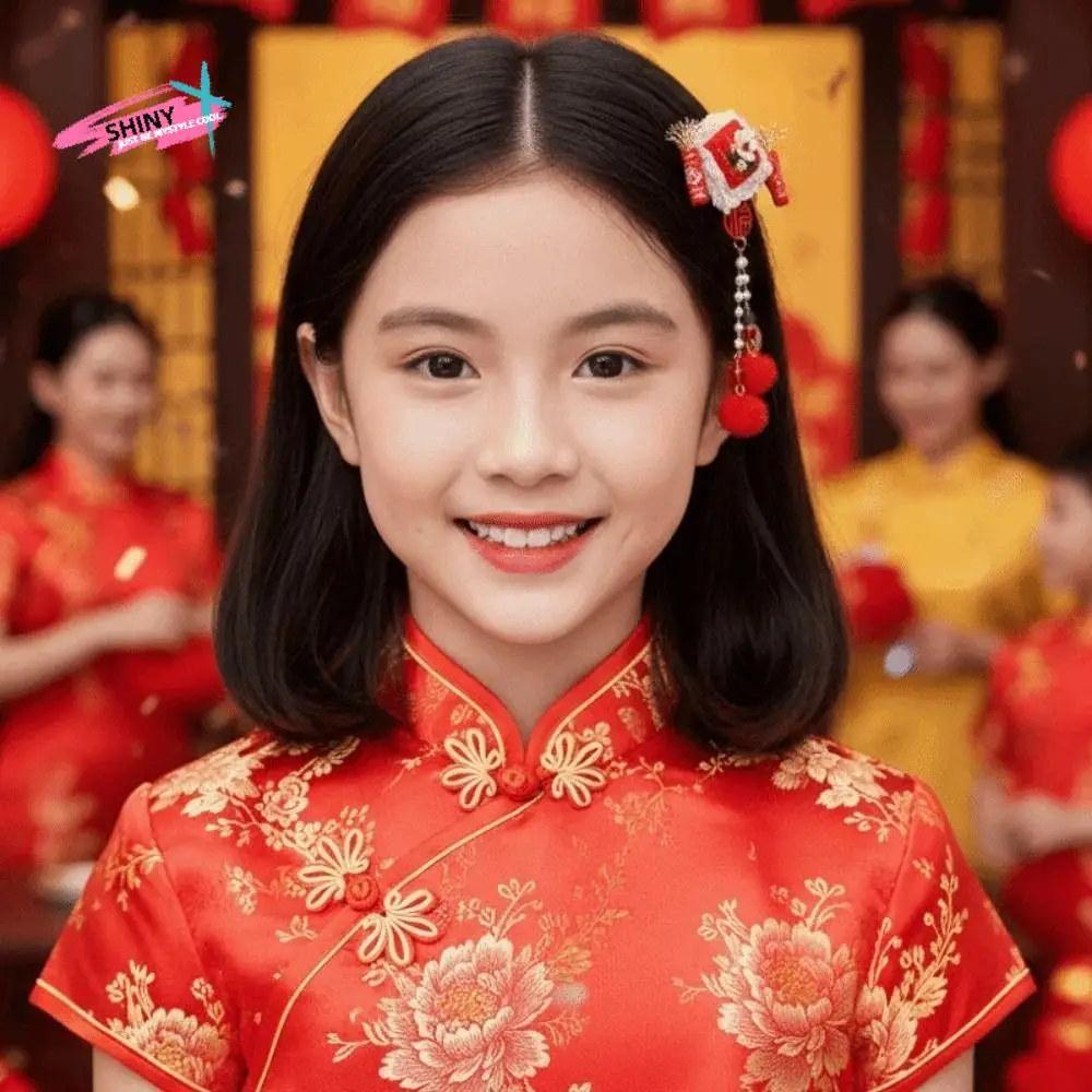 

2 шт., детская китайская заколка для волос с бантом, плюшевый шар, новогодние заколки с кисточками, костюм Тан, головной убор с цветочной вышивкой и бантом, зимний головной убор