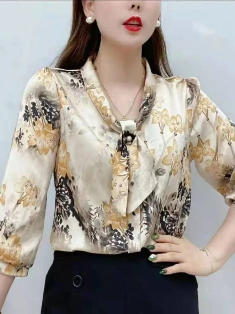 Women's Spring/Summer Style Chiffon Shirt Women's Casual Half Sleeve Bow Neck Printed Mom's Large Shirt Top Womens Tops 2023