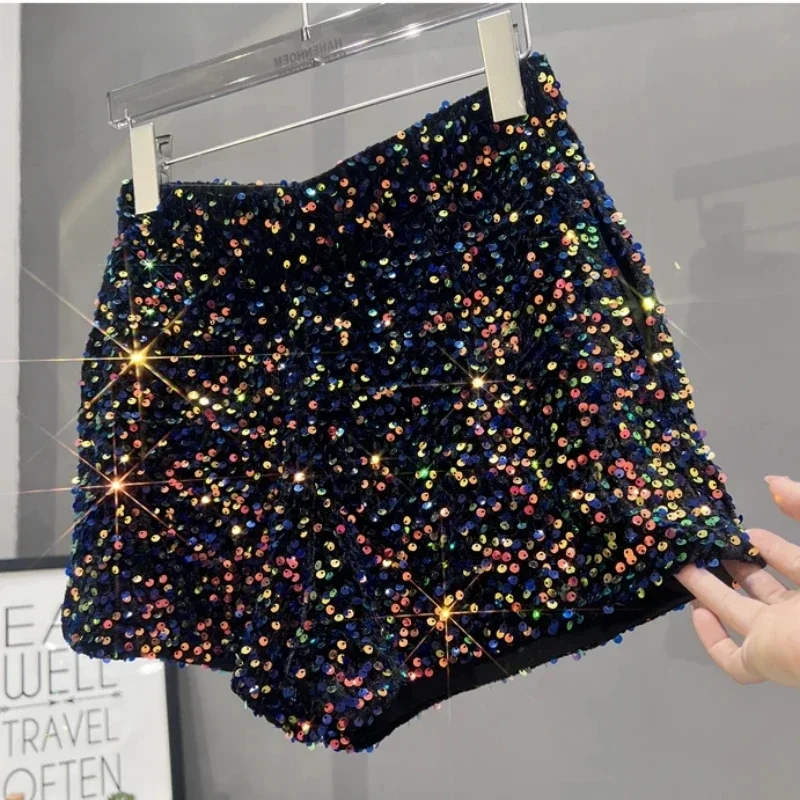 Hot Girl Y2k European and American Style Sequined Shorts Slim Fit Suede Embroidered Sequined Casual Hot Pants for Women