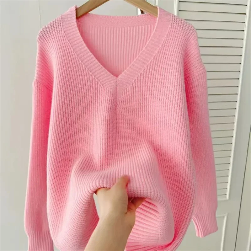 Women's Warm V-neck Pullover Knitted Sweater Korean Fashion Long-sleeved Loose Thin Inner Top Autumn and Winter New