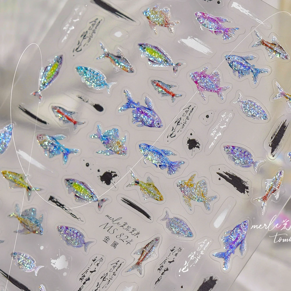 Sommer Metall Fisch 5D Nail Art Aufkleber glänzendes Silber kleine Schühe von Fischen Meereswellen Strand selbstklebende Dekoration Maniküre Aufkleber