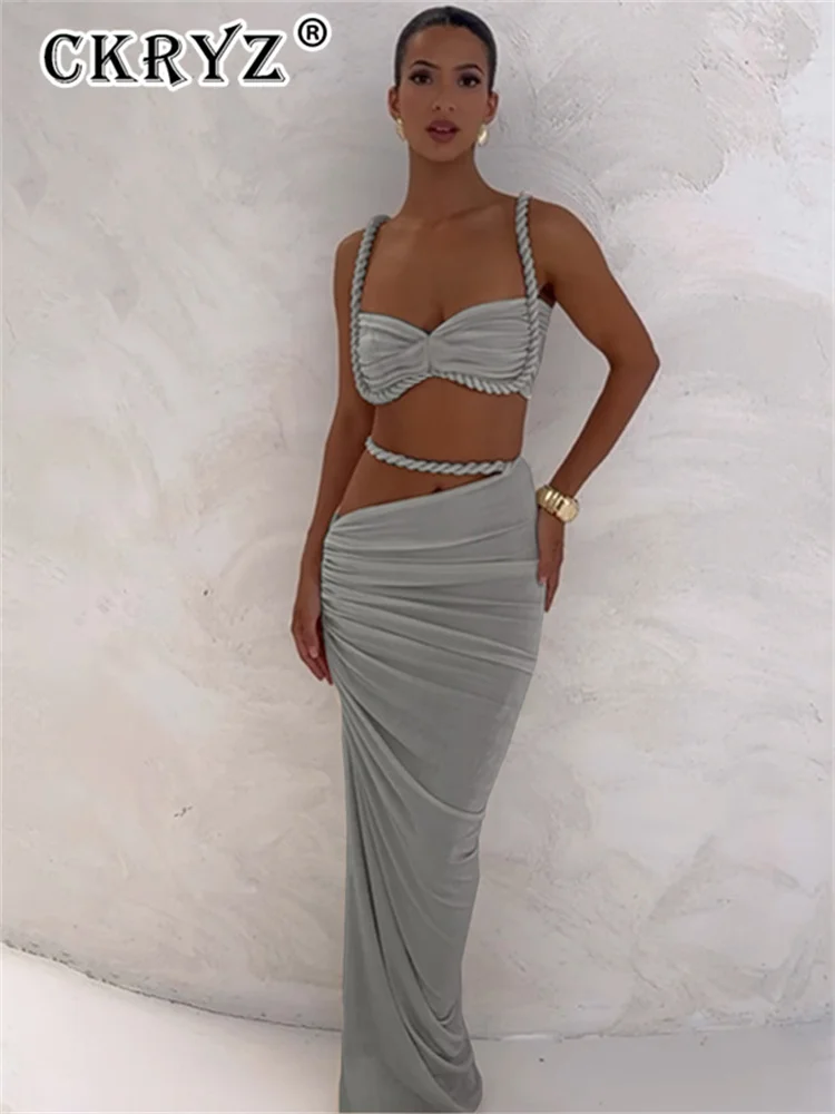 Dames été fête 2 pièces jupe ensemble femmes sans manches dos nu haut court jupes longues ensembles assortis Club Streetwear femme vêtements