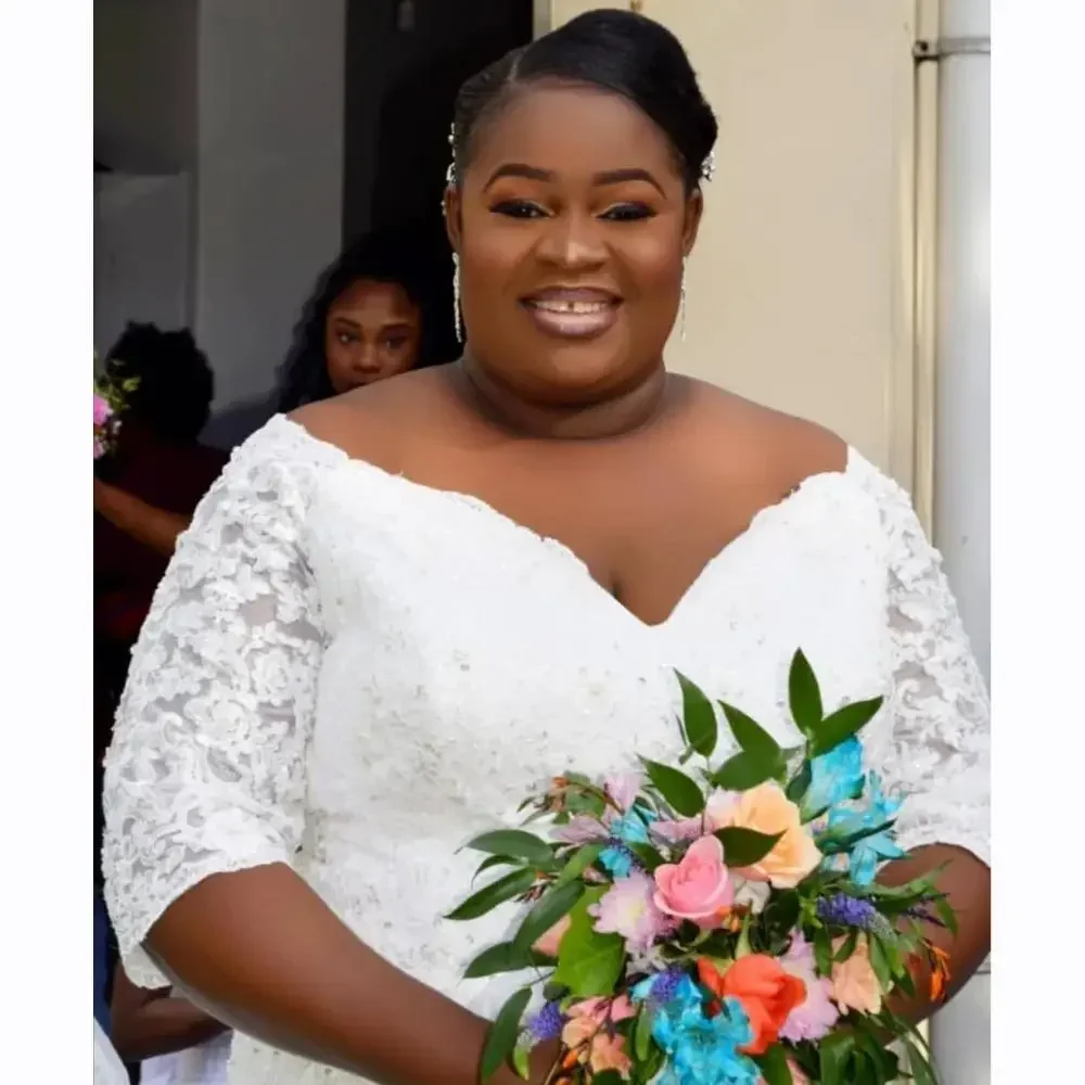 Customized Vestidos De Novia Lace Plus Size Africa Mermaid Dresses Half Sleeve Ivory Real Images Applique Bridal Gowns Wedding