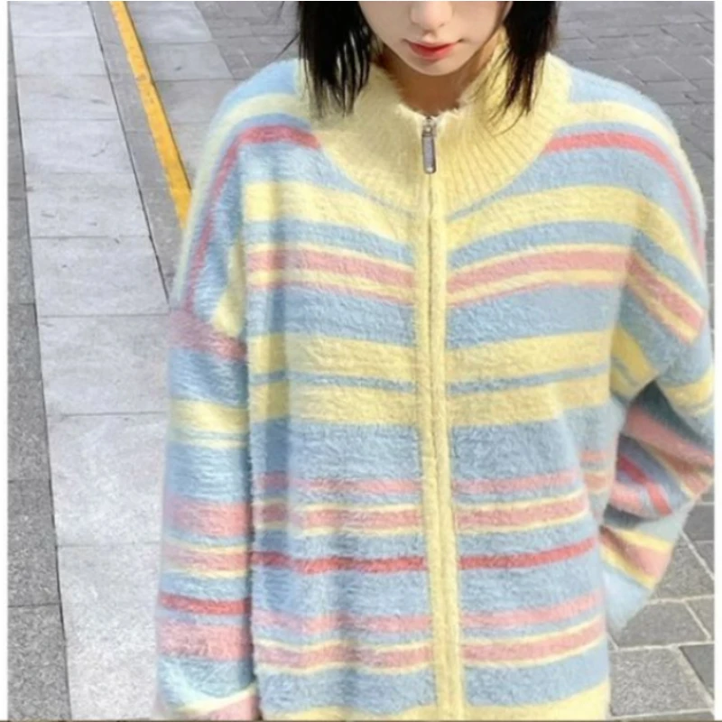 Striped Knit Splice Zipper Stand-UP Collar Sweater Autumn Winter Oversized Pullover Knitwear Women Soft Sweet Simple Cardigan