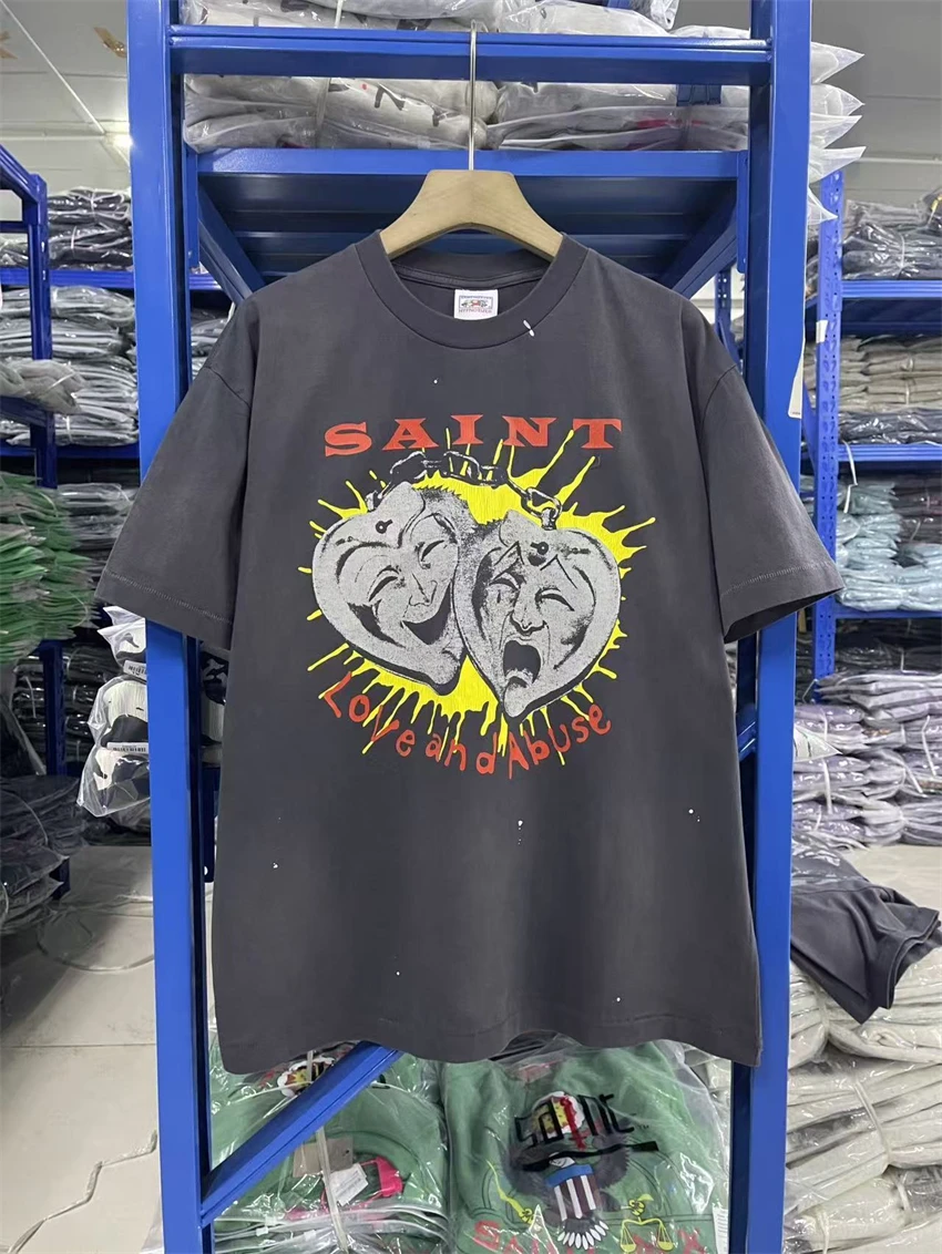 

New Vintage SAINT Washed Creative MASK Pattern Printed Cotton Short Sleeved Street Versatile Oversize Casual T-shirt Men Women