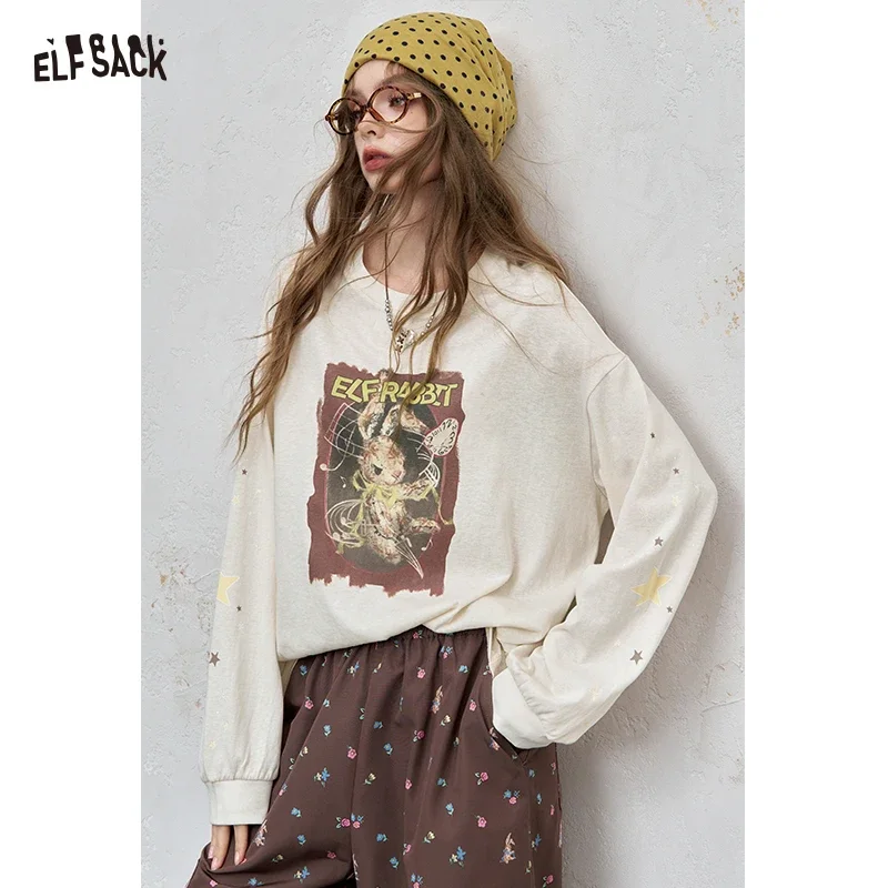 ELFSACK Women's Long Sleeve Graphic Tee with Rabbit Print, Loose Fit Casual Top for Everyday Wear