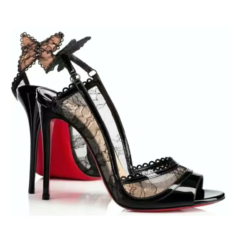 Sandalias sexis de tacón alto con punta estrecha y lazo de encaje para mujer, sandalias de diseñador de malla de charol con punta abierta, zapatos de fiesta Striptease a la moda