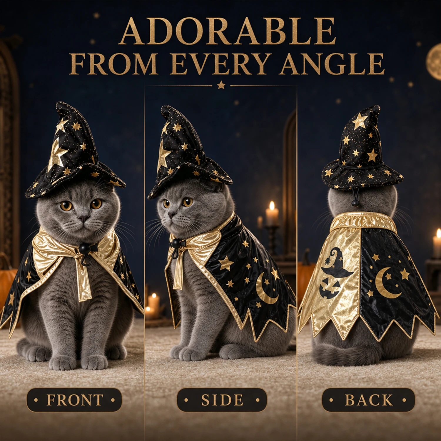 Halloween Witch Pet Costume Set for Cats & Small Dogs, Black Gold Star Moon Hat Cape Outfit, Funny Dress Up Clothes