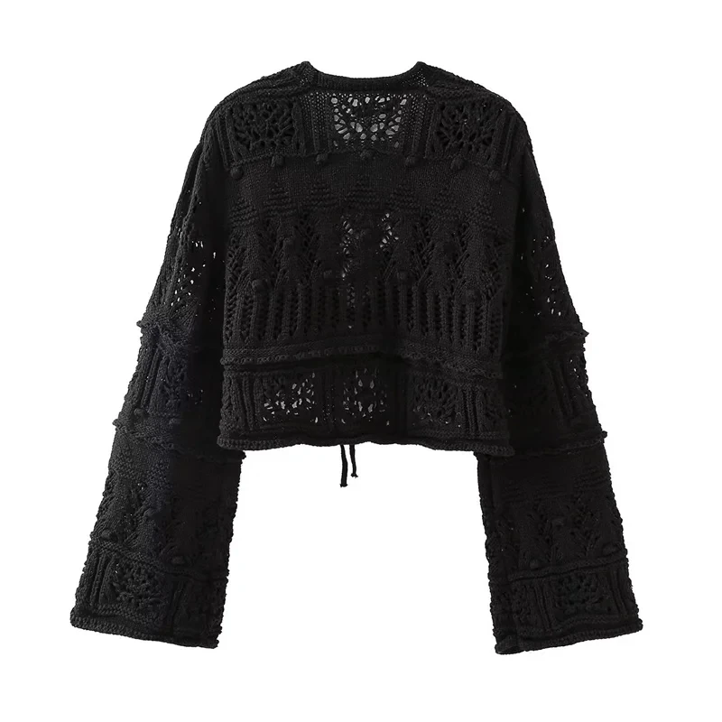 KEYANKETIAN Autumn New Women's Hollow Crochet Strap Short Sweater Boho Holiday Wind Flare Sleeve Black Crop Top Knit Cardigan