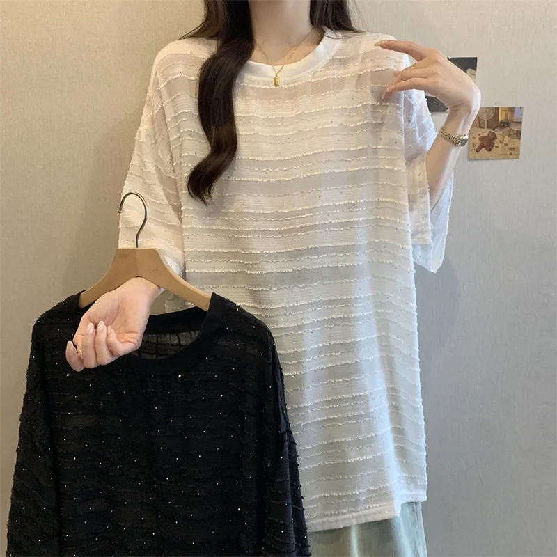 

Summer New Rhinestone Chiffon Pullover Round Neck for Women Plus Size Loose Casual Top