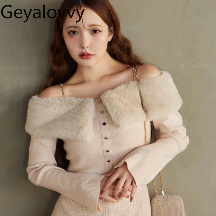 

Вязаный свитер в японском стиле для женщин, двусторонние съемные меховые лоскутные короткие милые женские топы с открытыми плечами и длинными рукавами