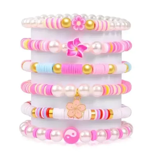 6PCS Clay Bead Bracelets for Teens Girls Preppy Cute Bracelets  Set Colorful Evil Eye Polymer Pearl Beaded Stretch Bracelets