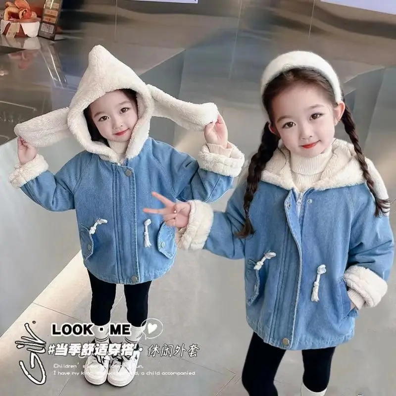 Girls Jacket Rabbit Ears Thickened with Velvet 2025 Autumn/Winter New Children's Baby Imitation Rabbit Hair Warm Coat