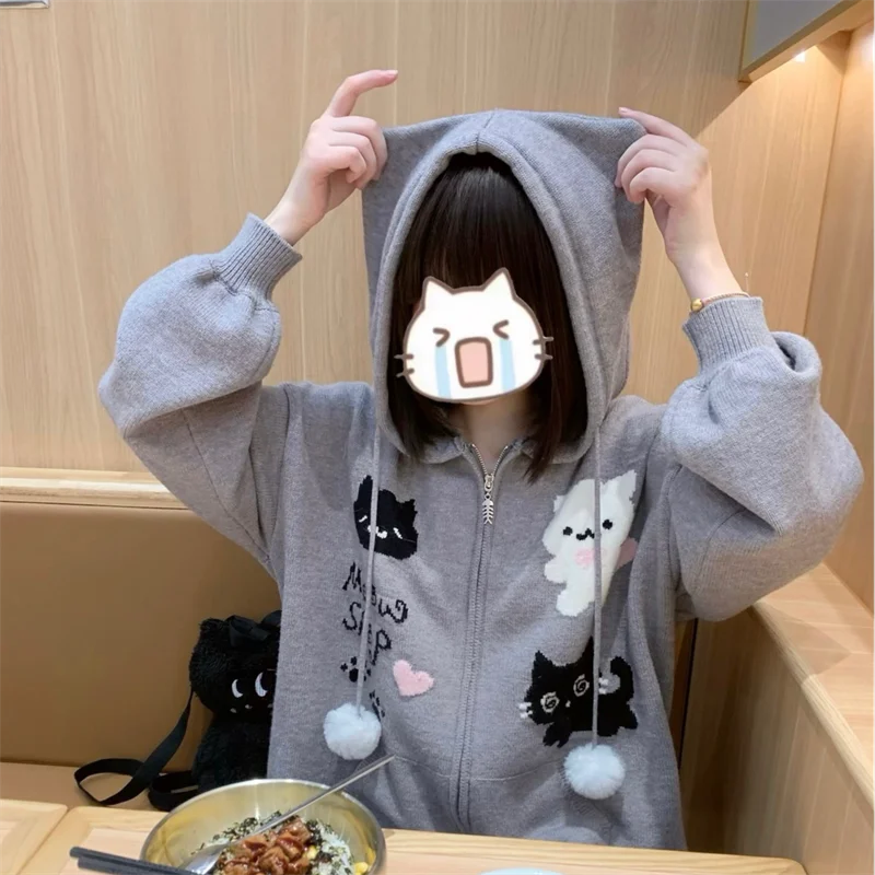 Women Y2k Gray Kawaii Eat Hooded Loose Sweaters Coats Cardigan Long Sleeve Cartoon Cat Korean Preppy Style Sueter Mujer