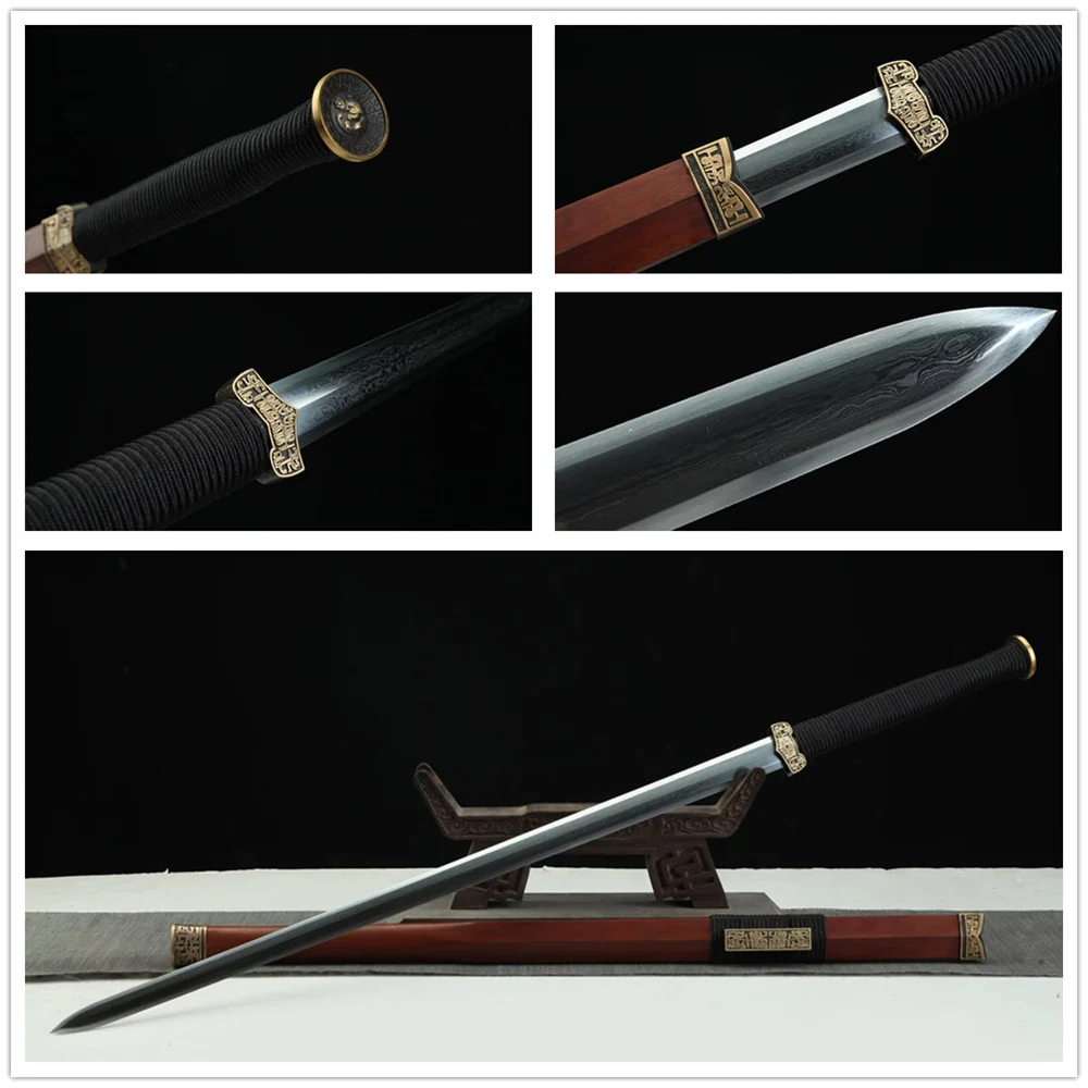 High Quality Tradition Handmade KungFu Jian Martial Art Sword Damascus Steel Blade Full Tang Brass Fittings Ebony Sheath