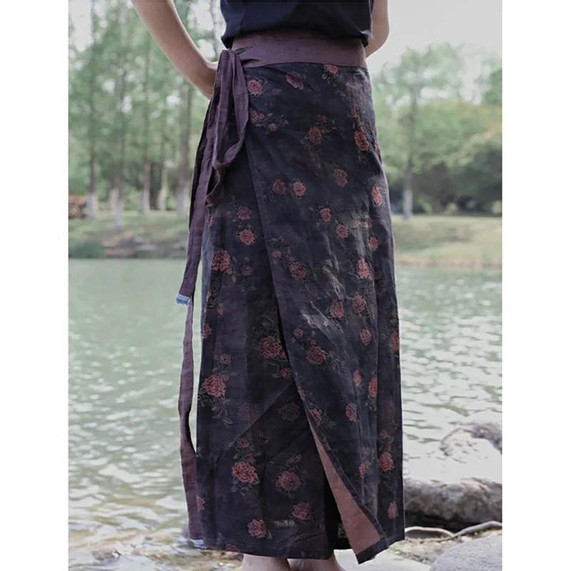 

Boho Floral Print Linen Skirt Women Elegant Ethnic Tie Waist Wrap Skirt Summer Breathable Casual Midi Skirts Zen