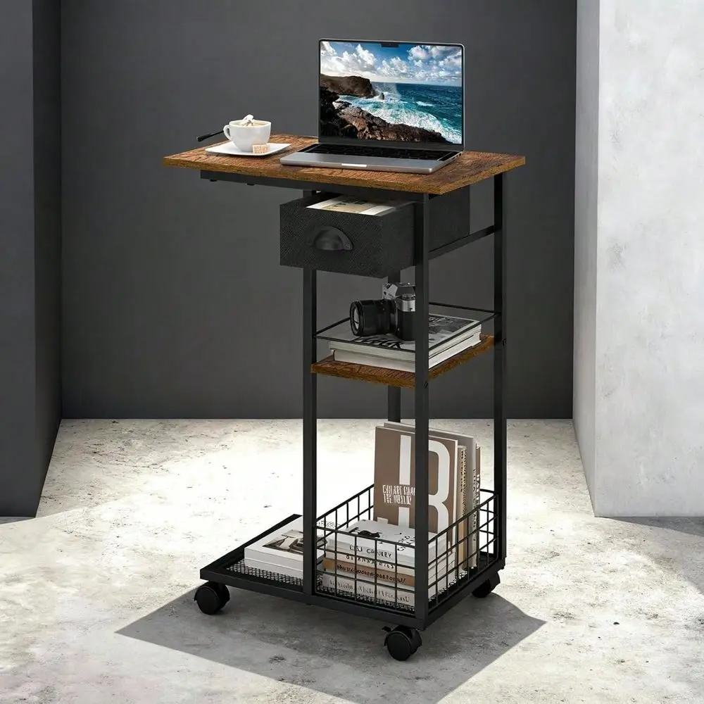 

Side Table With Wheels And 360 Rotation, C Table With Drawer, End Table For Couch, Space Saving Small Desk For Narrow Space, TV