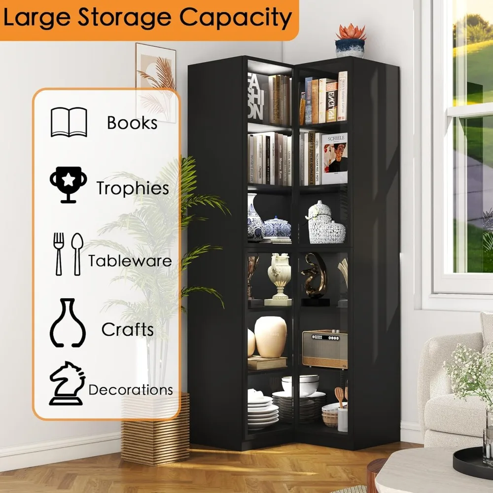 Libreria angolare moderna con ante in vetro: armadio portaoggetti a L, vetrina nera con illuminazione a LED