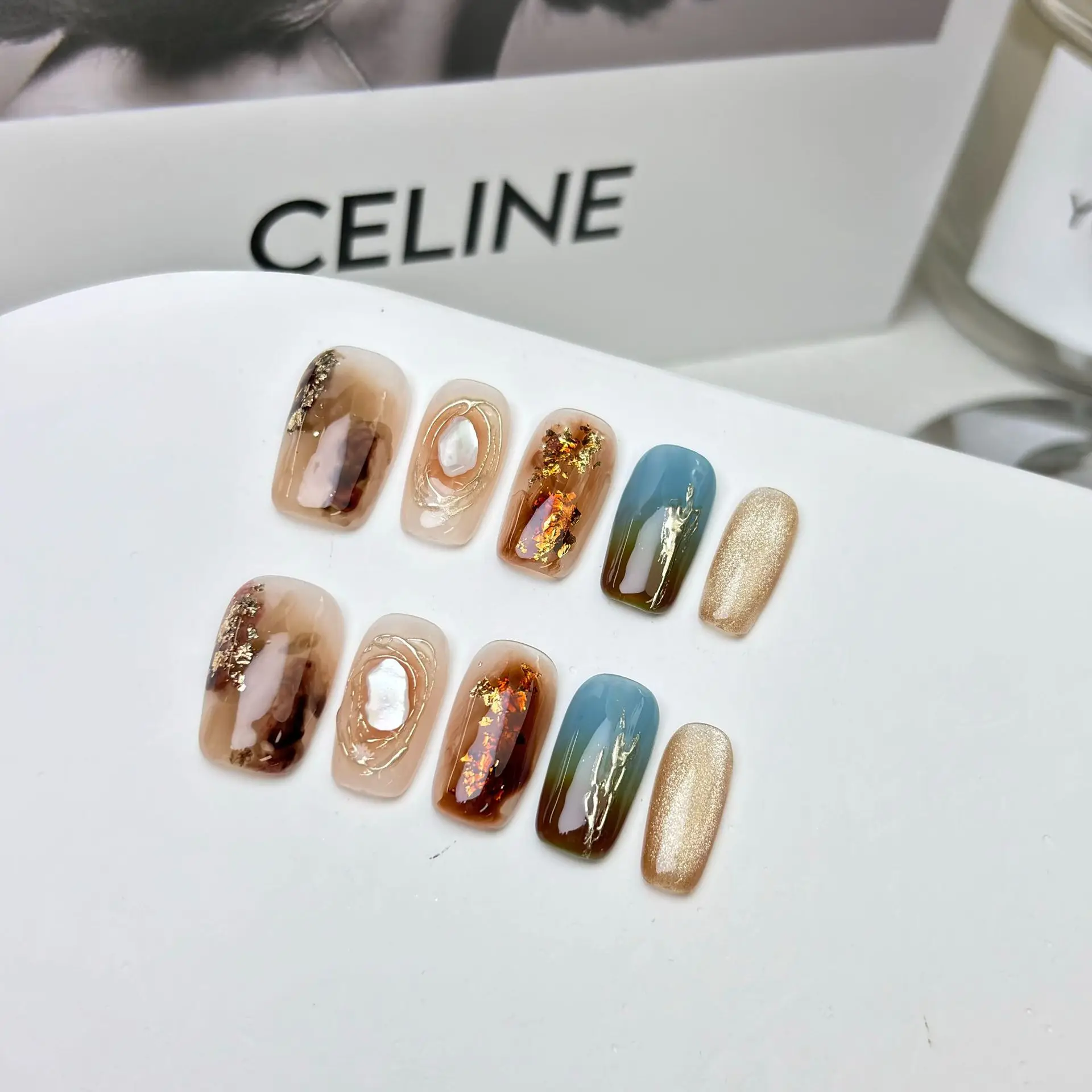 

10pcs Autumn New Gentle White Caramel Amber Press on Nails Handmade Manicure Wearable Nail for Women and Girls False Nail