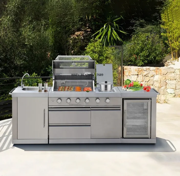 Modern Stainless Steel Outdoor Kitchen Cabinet with Acrylic Sliding Doors Faucet Shelves for Balcony Garden Garage Use