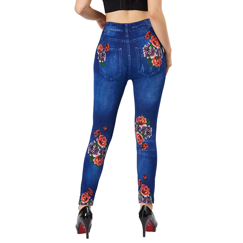 CUHAKCI Women Rose Print Elastic Blue Jeggings Fake Pocket Casual Workout Yoga Leggings Slim Fit Faux Denim Female Pencil Pants