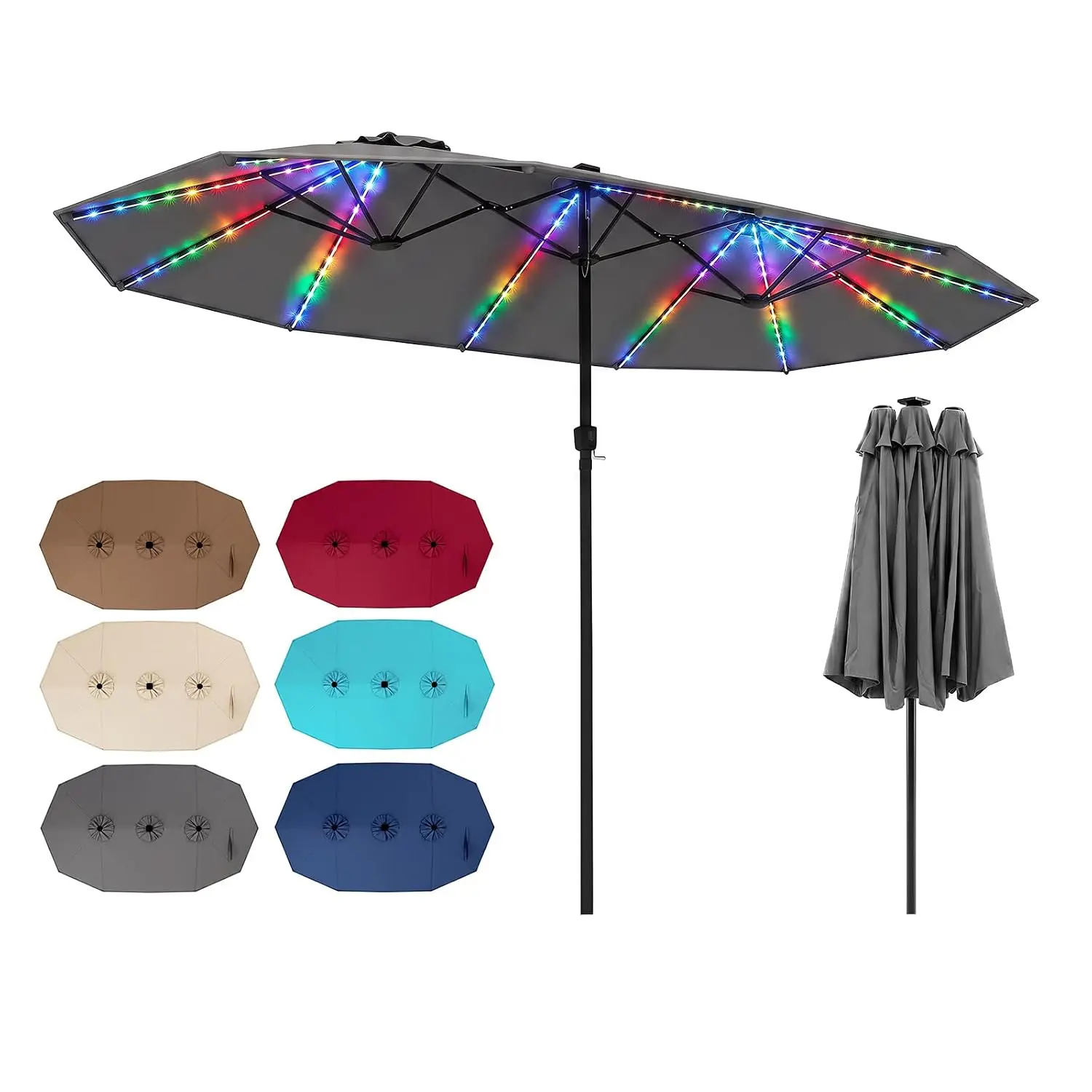15.5 FT Patio Umbrella with Solar Lights | 144 Multi-Colored LED Lights, Extra Large, 12 Modes, 12 Sturdy Ribs, Customized